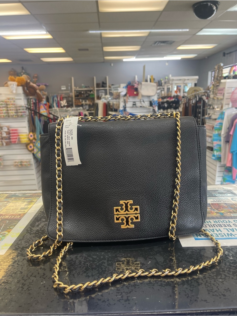 Tory Burch Black Pebbled Leather Shoulder Bag with Gold Hardware